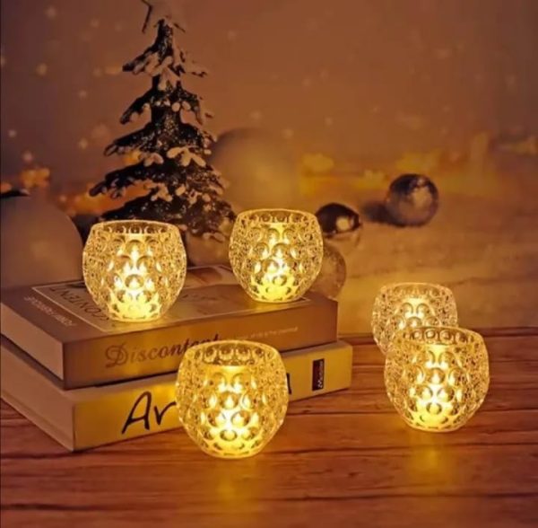 "Amber Shine Crystal Tealight Holder – Elegant LED Candle Light for Home & Office Decor (Battery Operated