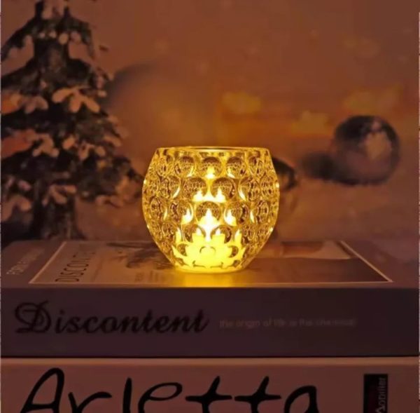 "Amber Shine Crystal Tealight Holder – Elegant LED Candle Light for Home & Office Decor (Battery Operated
